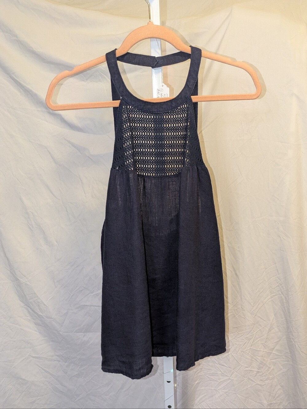 Rachel Zoe Navy Blue 100% Linen Crochet Halter Tank Top Size Large